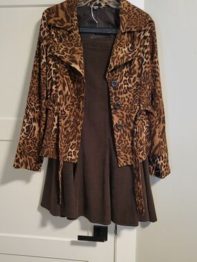Laura Scott Leopard-Print Brown Tie-Waist Blazer With Skirt.